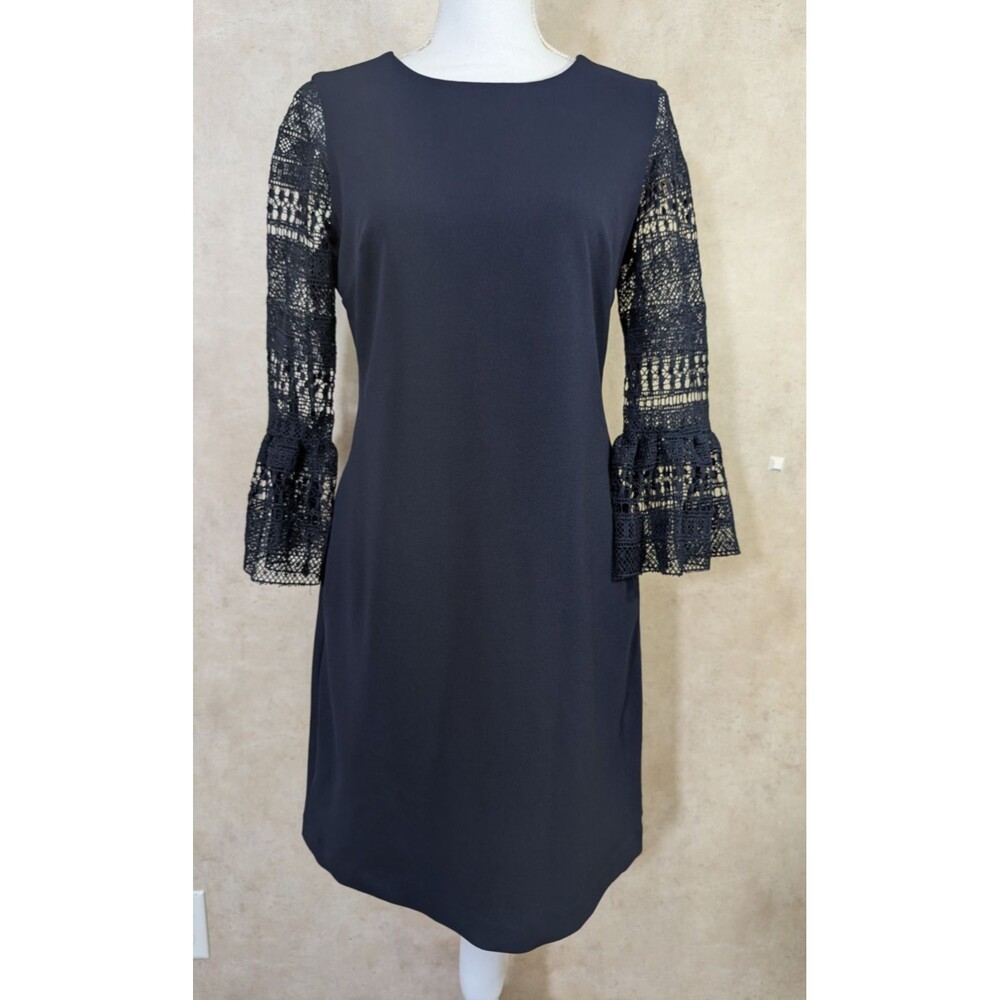Donna Ricco New York Sheath Dress Womens 6 Blue Lace Bell Sleeve Preppy Knit - Picture 2 of 12